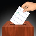 Hand putting voting paper with approved checkmark in the ballot box