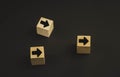 Hand putting wood cube block on top pyramid wooden blocks with red arrows facing opposite to the black arrows. With different Royalty Free Stock Photo