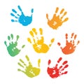 Hand rainbow print isolated on white background. Color child handprint. Creative paint hands prints. Happy childhood