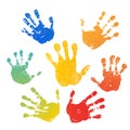 Hand rainbow print isolated on white background. Color child handprint. Creative paint hands prints. Happy childhood Royalty Free Stock Photo