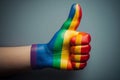 A hand with raised thumb making the OK symbol painted with the colors of the gay or lgbtq flag