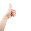 Hand with raised up thumb, sign well, super, isolated on white