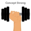 A hand raises a dumbbell, a dumbbell in the man`s hand