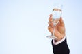 Hand raising champagne glass against clear sky Royalty Free Stock Photo