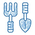 hand rake and shovel tools doodle icon hand drawn illustration