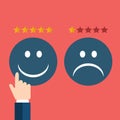 Hand rating on customer service. Two smileys, happy and sad one. Flat vector illustration