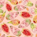 Hand rawn watercolor illustration semless pattern of opuntia ficus indica fruit or prickly pear or tuna. Pastel colored