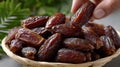 Hand reaches for dates in a bowl, capturing a moment of togetherness during a festive iftar dinner in Ramadan Royalty Free Stock Photo