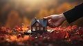 a hand reaches for a model house standing in autumn leaves and foliage