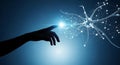 Hand reaches out to a neuron network on a blue background representing technology concept Royalty Free Stock Photo