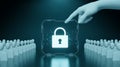 Hand touching digital security lock icon with rows of people data protection Royalty Free Stock Photo