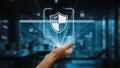 Hand Reaching Out to Digital Shield with Security Icons Representing Data Protection and Cybersecurity Solutions in Royalty Free Stock Photo