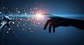 Hand reaches towards a neuron network with glowing connections in a digital illustration Royalty Free Stock Photo
