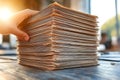 A hand reaches for a towering stack of papers, symbolizing workload, paperwork, bureaucracy, or archiving