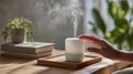 Aromatic Diffuser Emitting Gentle Mist in Calm Home Ambiance with Plants and Books Royalty Free Stock Photo