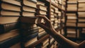 Hand Reaching for a Book on a Shelf in a Library Royalty Free Stock Photo