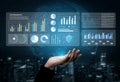 Hand Reaching for Digital Data Graphs and Charts in a Management Concept, Visualizing Information Analytics and Business Royalty Free Stock Photo