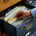 Hand Reaching into Filing Cabinet Drawer, Searching Through Paper Files, Organizing Documents, Office Administration, Data