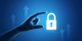 A hand reaching for a glowing white padlock with upward arrows on a blue gradient background Royalty Free Stock Photo