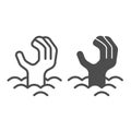 Hand reaching out from the ground, zombie line and solid icon, halloween concept, dead man vector sign on white