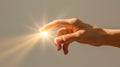 A hand reaching out to touch a bright light source, AI Royalty Free Stock Photo