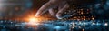 Hand reaching out to touch a glowing digital landscape Royalty Free Stock Photo