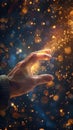 A hand reaching out to touch a glowing orb of light, AI Royalty Free Stock Photo