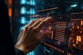 Hand reaching out to touch an interactive data screen, symbolizing the seamless connection between humans and technology. Ai