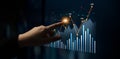 Hand Reaching Out to Touch Interactive Digital Data Visualization with Graphs, Charts, and Analytics in Modern Financial Royalty Free Stock Photo