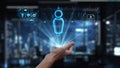 Futuristic Digital Interface Showing Holographic User Icon and Data Visualization in a Modern Office Setting. Auvana Royalty Free Stock Photo