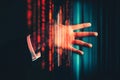 Hand Reaching Through Red and Blue Binary Code Royalty Free Stock Photo