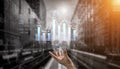 Hand Reaching Towards Digital Graphs, Data Visualization, Business Analytics, Investment Trends in Urban Environment Royalty Free Stock Photo