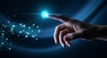 Hand reaching towards glowing network connections with bright light and digital nodes Royalty Free Stock Photo