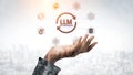 Hand Reaching Towards Large Language Model Interface with Visual Elements Representing Technology, Data, and Royalty Free Stock Photo