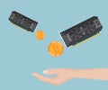 Hand receive bitcoin, ethereum from display card