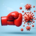 Hand in red boxing glove kicking blue virus on light blue laboratory background