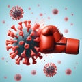 Hand in red boxing glove kicking blue virus on light blue laboratory background