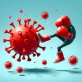 Hand in red boxing glove kicking blue virus on light blue laboratory background