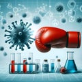 Hand in red boxing glove kicking blue virus on light blue laboratory background