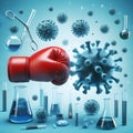 Hand in red boxing glove kicking blue virus on light blue laboratory background