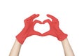 Hand in a red disposable latex glove showing heart sign isolated on white background Royalty Free Stock Photo