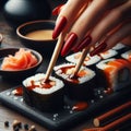 Hand with red nails dipping sushi roll in soy sauce using chopsticks