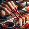 Hand with red nails dipping sushi roll in soy sauce using chopsticks
