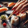 Hand with red nails dipping sushi roll in soy sauce using chopsticks