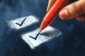 Hand with red pen checking white boxes on dark blue background Royalty Free Stock Photo