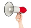 Hand with red white bullhorn megaphone