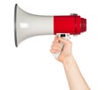 Hand with red white bullhorn megaphone