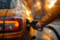 Hand refilling the car with fuel at the refuel station. Generative AI Royalty Free Stock Photo