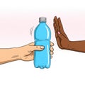 The hand refuses a plastic bottle on a light background. Royalty Free Stock Photo