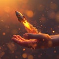 A hand releasing a miniature rocket into the air, surrounded by a glowing aura, blending realism with a touch of fantasy, in a Royalty Free Stock Photo